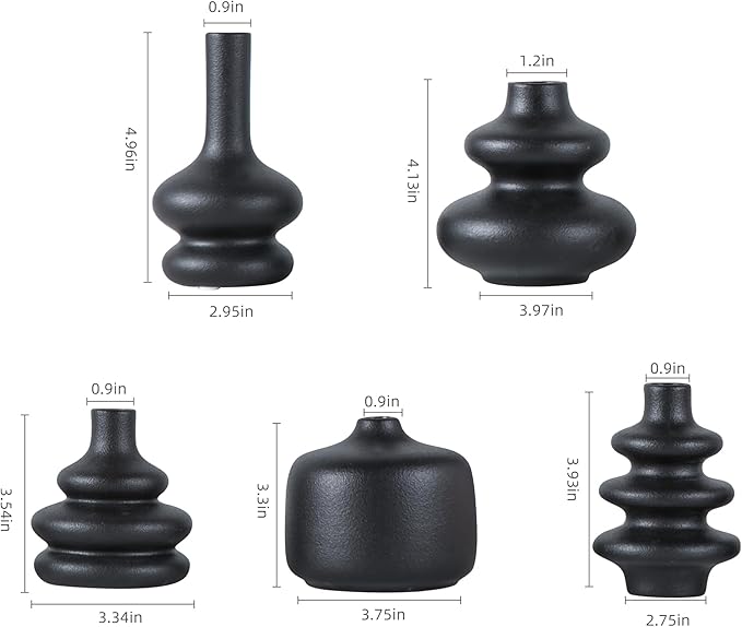JOJUNO Black Bud Vases, Small Ceramic Vase Set of 5, Mini Pottery Vases for Flowers, Decorative Vases for Home Modern Decor, Boho Decor, Chic Vases for Living Room Dining Table Shelves
