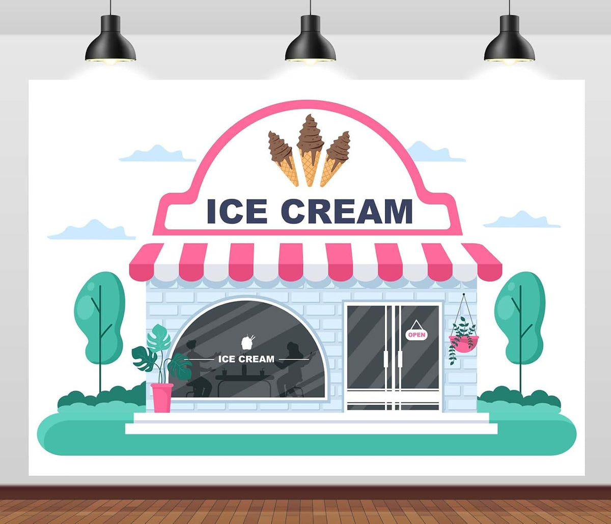 CORFOTO 10x8ft Summer Fabric Ice Cream Shop Backdrop Pink White Striped Awning Brick Building Scene Photography