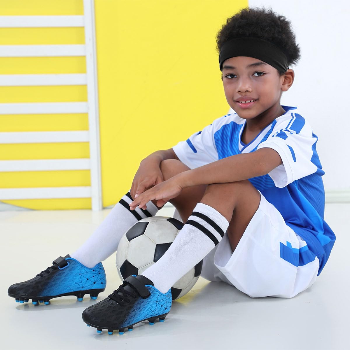 brooman Kids Firm Ground Soccer Cleats Boys Girls Athletic Outdoor Football Shoes(3.5,Black Blue)