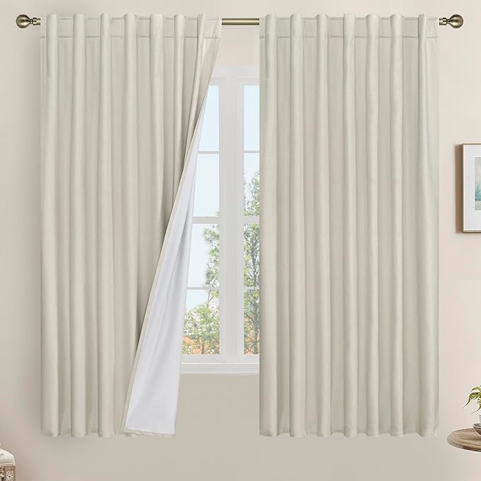 LAMIT 100% Blackout Linen Curtains 63 Inches Long, Linen Textured Living Room Window Curtains Full Room Darkening Back Tab and Rod Pocket Panels with White Liner, 2 Panels, Stone, 60 x 63 Inch