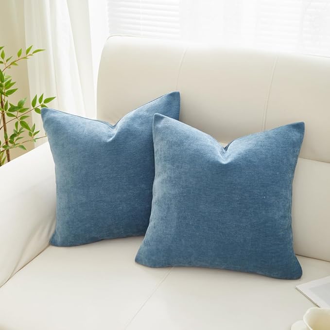 Sunday Praise Set of 2 Soft Chenille Cozy Throw Pillow Covers 18x18 Inch Solid Decorative Cushion Cases Farmhouse Accent Square Pillow Case for Couch Sofa Chair Bed Living Room Home Decor,Dusty Blue