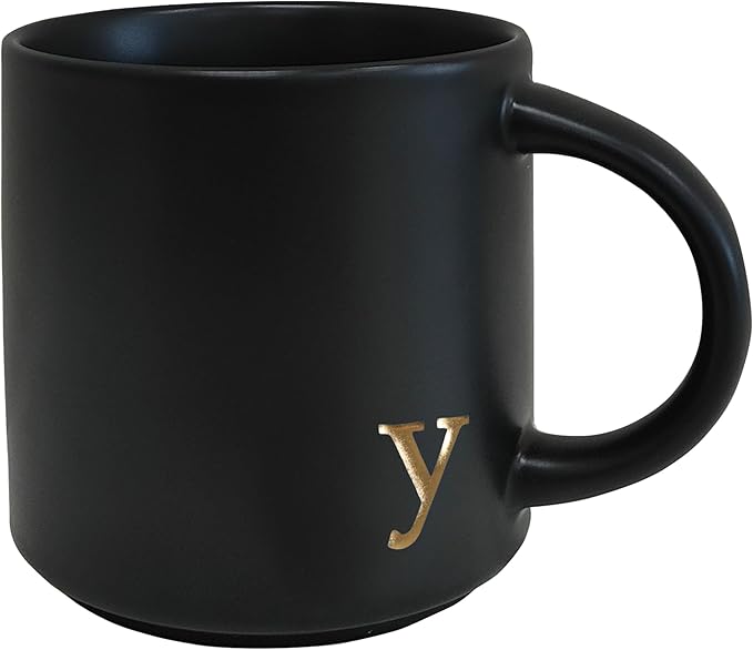 COLLECTIVE HOME - Black Monogram Ceramic Mugs, 15 oz Golden Initial Coffee Cups, Elegant Alphabet Tea Mugs, Personalized Halloween Mug with Gift Box, Perfect for Office and Home Décor (y)