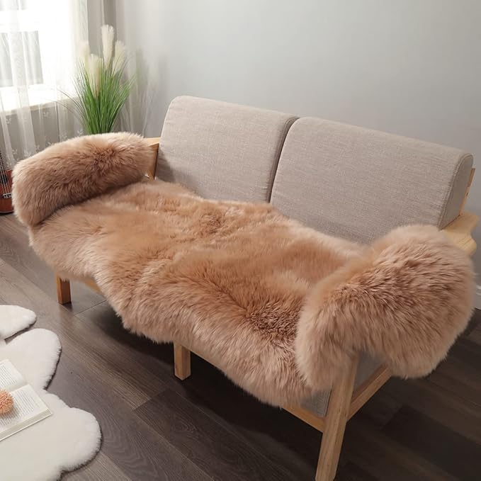 Premium Genuine Fur Sheepskin Rug Real Australia Sheepskin Natural Luxury Fluffy Lambskin Fur Area Rug Seat Covers for Kids Bedroom Sofa Chair Cover (Light Brown, Double Pelt/2ft x 6ft)