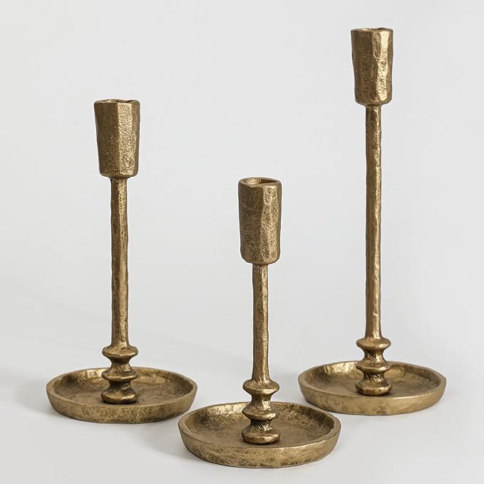 Rustic Cast Iron Taper Candle Holder - Set of 3 Vintage Candle Stands, Candlestick Holders for Wedding, Dining, Party Décor (Antique Brass)