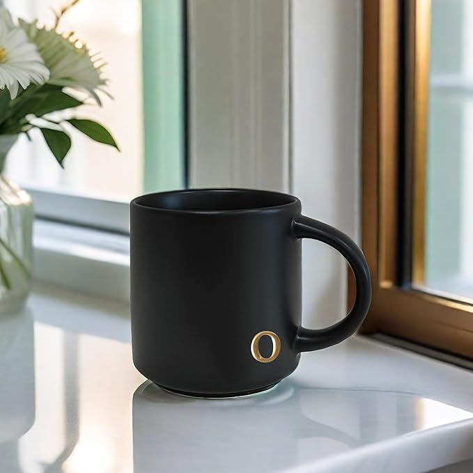 COLLECTIVE HOME - Black Monogram Ceramic Mugs, 15 oz Golden Initial Coffee Cups, Elegant Alphabet Tea Mugs, Personalized Halloween Mug with Gift Box, Perfect for Office and Home Décor (o)
