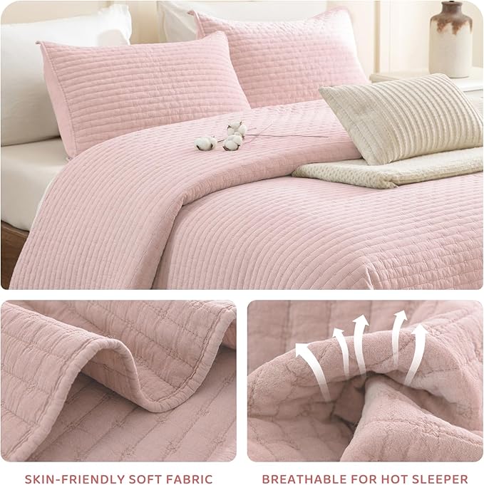Sanracie Cotton Quilt Set King Size(110"x98"), Light Pink Ultra Soft Stonewashed Crinkle Quilt Bedspread Set 3Pcs Cross Stitch Pattern Lightweight Breathable Bed Coverlet Set for All Season