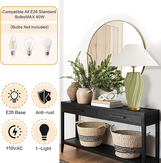 Modern Large Ceramic Table Lamps 24.5", Sage Green Plug in Table Lamp Decorative for Living Room Office Bedroom Bedside Nightstand (Textured)