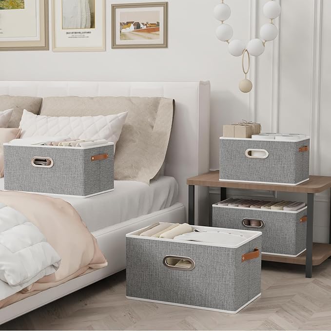 Yawinhe Fabric Storage Baskets, Foldable Closet Organizer for Shelves, Large Boxes with 3 Handles, Canvas Bins for Clothes, Grey, 12.99''Lx9.05''Wx7.87''H, 6-Pack