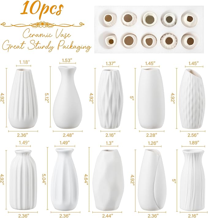 Small White Ceramic Vase Set of 10 - Mini Bud Vases for Flowers and Pampas Grass, Boho Centerpieces for Home and Party Decor, White Vases Home Decor, Ceramic Vase Set for Weddings