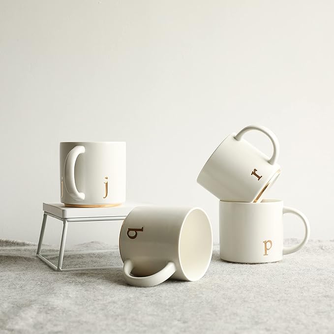 COLLECTIVE HOME - Monogram Ceramic Mugs, 15 oz Golden Initial Coffee Cups, Elegant Alphabet Tea Mugs, Elegant Personalized Mug with Gift Box, Luxurious Cups for Office and Home (j)