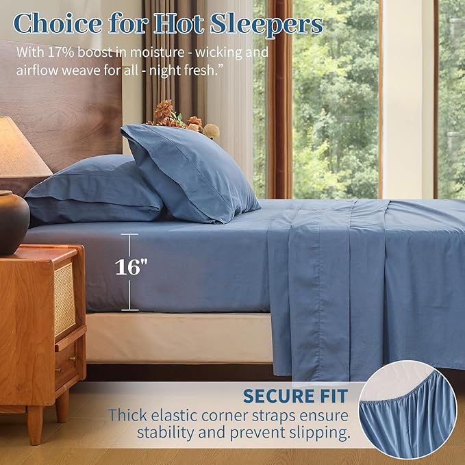 MEISHANG 100% French Pure Linen Sheets King Size - Bed Sheets 4 Piece Sets, Soft Durable Flax Linen, Anti-Tear Breathable Oeko-Tex Certified with 16" Deep Pocket (Dusty Blue)