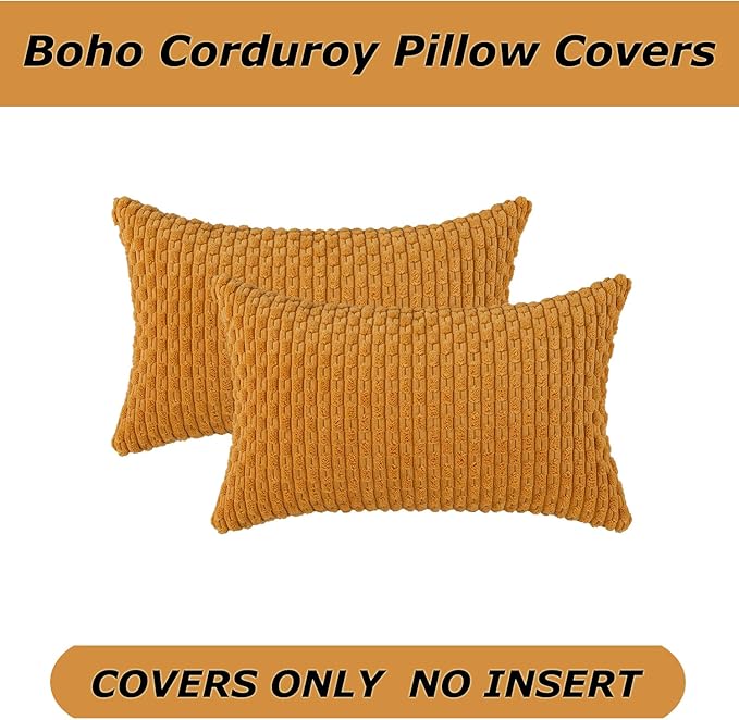 Kevin Textile Throw Pillow Covers Soft Corduroy Decorative Set of 2 Boho Striped Pillow Covers Pillowcases Farmhouse Home Decor for Couch Bed Sofa Living Room 12x20 Inch Golden Yellow