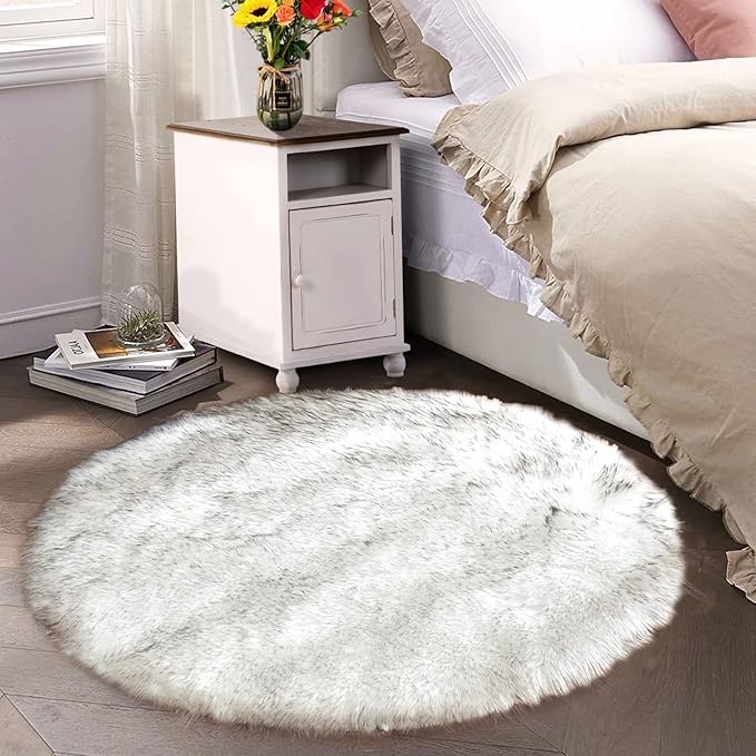 Latepis Circle Rugs 6.7ft for Living Room White with Grey Tips Faux Sheepskin Fur Round Rugs for Bedroom Fluffy Washable Rug Cute Home Décor