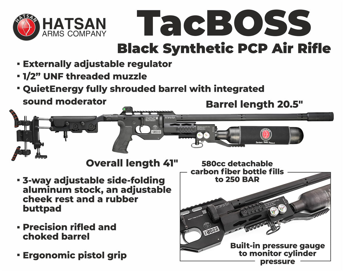 Hatsan TacBoss .25 Cal 905 FPS 37 FPE 14-Shot PCP Black Air Rifle, Side-Lever Action, 580cc Air Cylinder, Dual Pressure Gauges, QE Technology w/ Wearable4U 150x .25cal Pellets & Scope w/Mounts Bundle