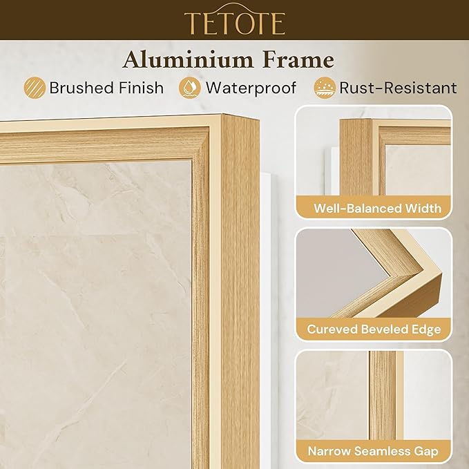 TETOTE 40 x 30 Backlit Bathroom Mirror Brushed Gold Metal Frame LED Light Vanity 3-Color White/Warm/Natural Stepless Dimmable Anti-Fog Backlight Mirror Wall-Mounted