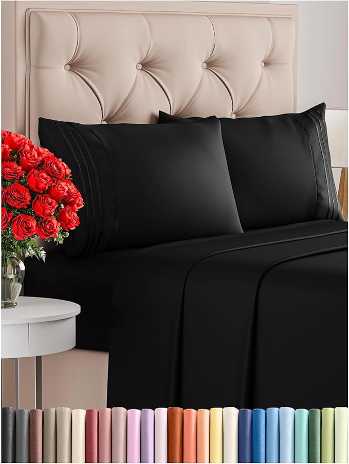 Full Size 4 Piece Sheet Set - Comfy Breathable & Cooling Bed Sheets Set - Hotel Luxury Bedding for Women, Men, Kids, Teens, Boys & Girls - Deep Pockets, Ultra-Soft and Wrinkle Free - Oeko-Tex - Black