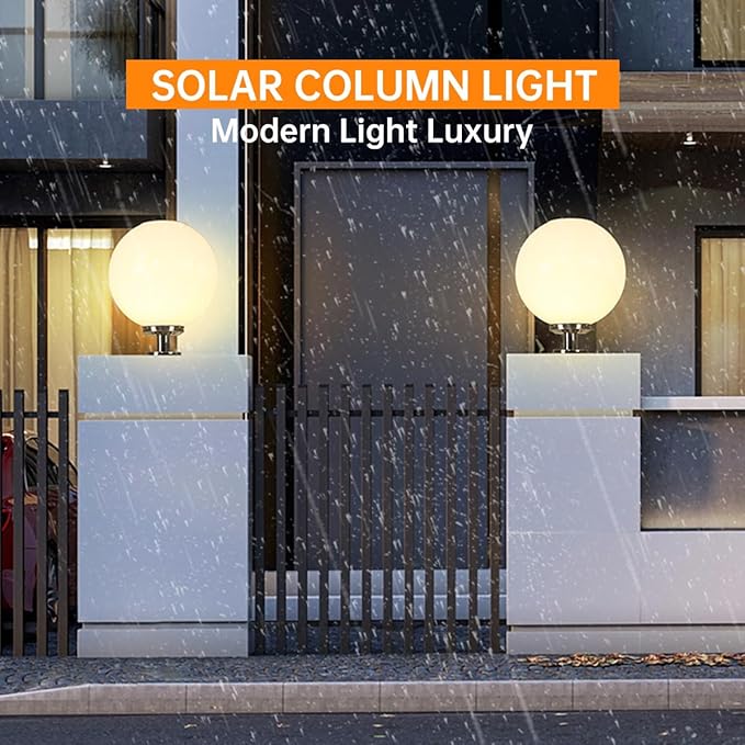 Solar Post Cap Lights, 15.7" Outdoor Fence Pedestal Globe Post Lamp Stainless Steel IP65 Waterproof External Column Lights, Vintage LED dimmable Pillar Lights for Farmhouse Lawn Road Driveway