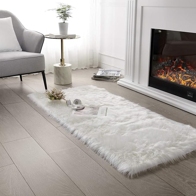 SERISSA Soft Faux Sheepskin Fur Area Rug Fluffy Rug for Bedroom Floor Sofa Living Room White 3 x 5 Feet