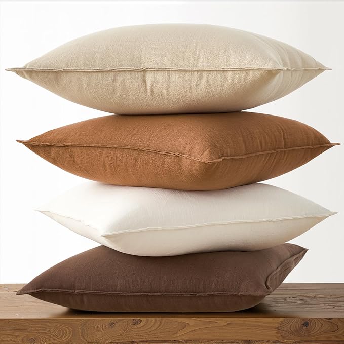 Decorative Throw Pillow Covers Neutral Brown Linen Flange Fall Farmhouse Throw Pillows for Couch Pack of 4 Rustic Cushion Covers for Couch LivingRoom Bed and Balcony Home Decor 20x20 Inch