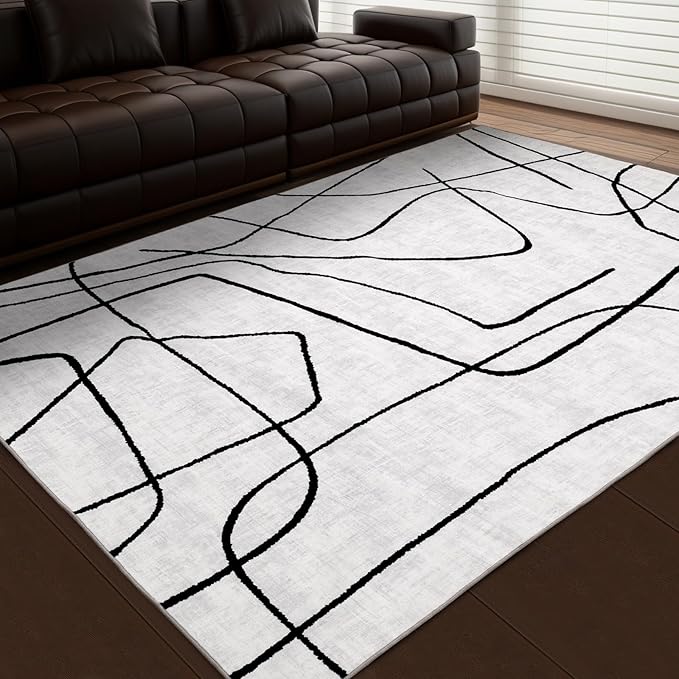 YIHOUSE Abstract 6'x9' Black and White Rug- Washable Area Rug for Living Room Bedroom, Large Modern Non-Slip Ultra-Thin Rug Home Decor,Abstract,6x9ft