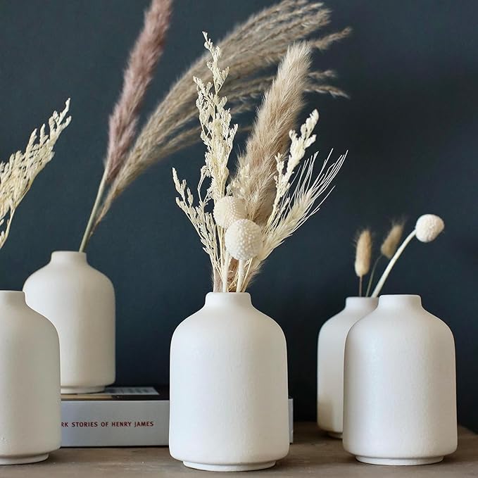 Carrot's Den - Set of 6 White Mini Ceramic Vases for Home Decor | Boho Bud Vases in Bulk for Dry Flowers + House Plants | Wedding, Home, Centerpiece, Modern, Japandi, Farmhouse, Minimalist