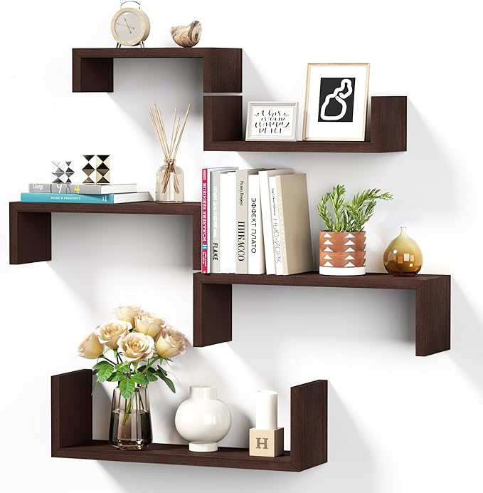 SRIWATANA Floating Shelves for Wall, Wall Shelves for Bathroom, Bedroom, Living Room, Kitchen, Office, Wood Shelves for Home Decor Set of 5 (Dark Walnut)