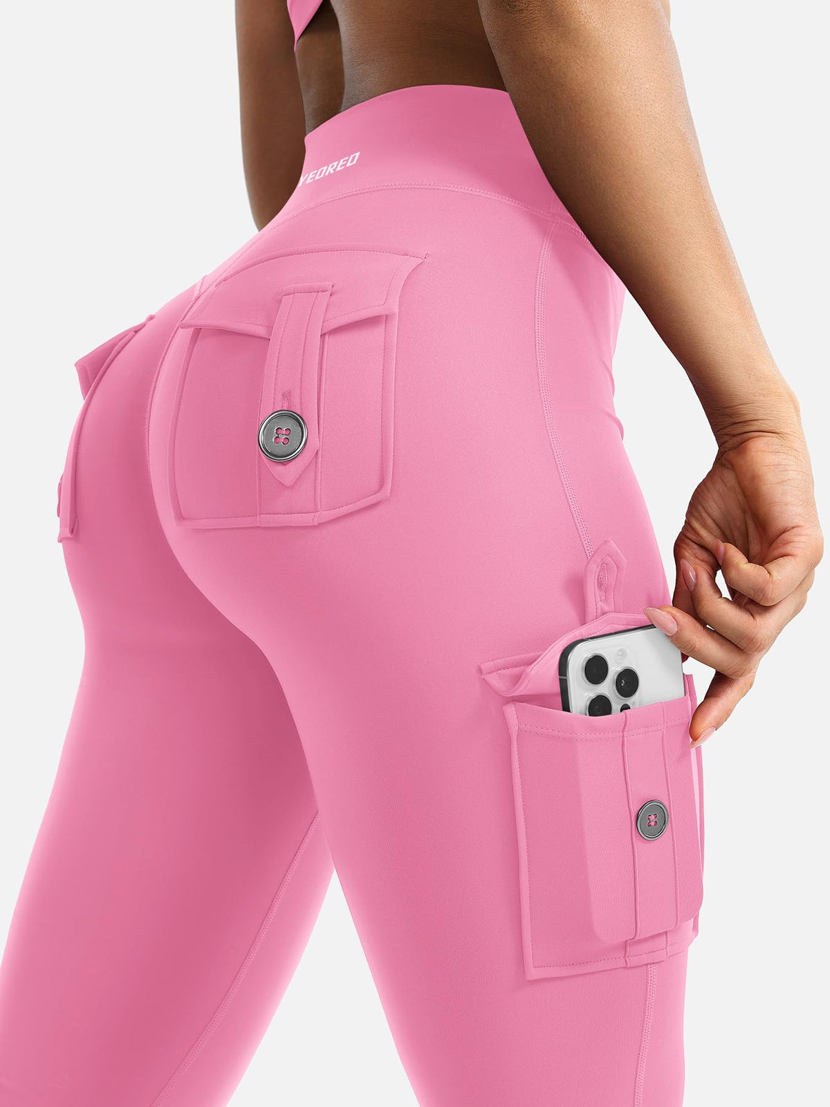 YEOREO CoreFlex Women Workout Flare Leggings with Pockets Hidden Scrunch High Waisted Cargo Gym Yoga No Front Seam Leggings Pink S