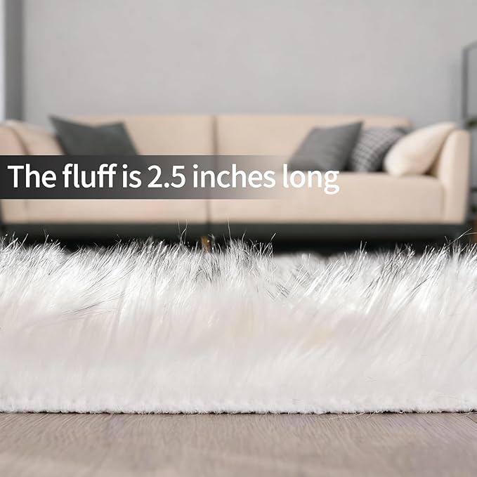 Faux Fur Sheepskin Area Rug for Living Room Bedroom, White with Grey Tips, 4 x 6 Feet Ultra Soft Shaggy Fuzzy Furry Carpet Chair Throw Large Rugs for Kids, Girls, Nursery Room Decor Dorms