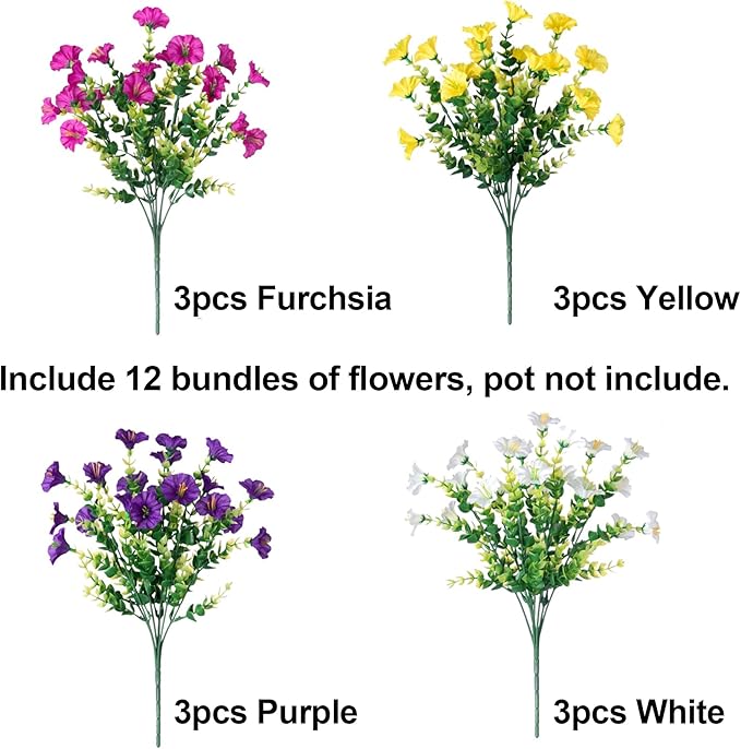 Artificial Flowers Fake Plants for Outdoors Decoration, 12 Bundles Silk Morning Glory with Eucalyptus Realistic UV Resistant Faux Flowers for Outside Planter Porch Yard Patio Garden Home Indoor, Mix