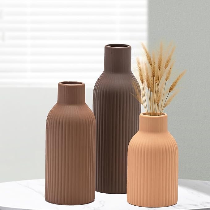 Ceramic Vase Set of 3, Flower Vases for Spring Room Decor, Kitchen Farmhouse, Modern Boho Style(Brown/Dark Brown/Orange)