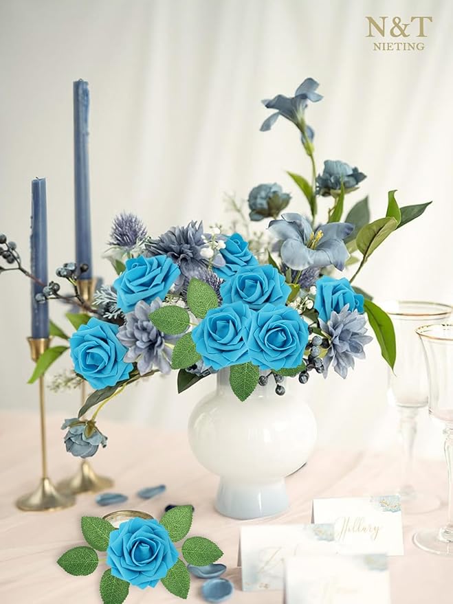 N&T NIETING Artificial Flowers 50pcs Real Looking Blue Foam Fake Roses with Stems for DIY Wedding Bouquets White Bridal Shower Centerpieces Arrangements Party Tables Decorations