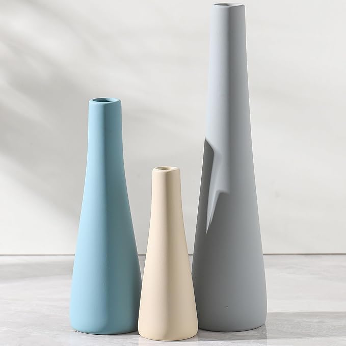 Ceramic Vase Set of 3, Modern Farmhouse Vases Neutral Pottery Vase Pampas Grass Flower Vases for Home Decoration Room Decor Table Living Room Centerpieces Mantel Decor - Blue