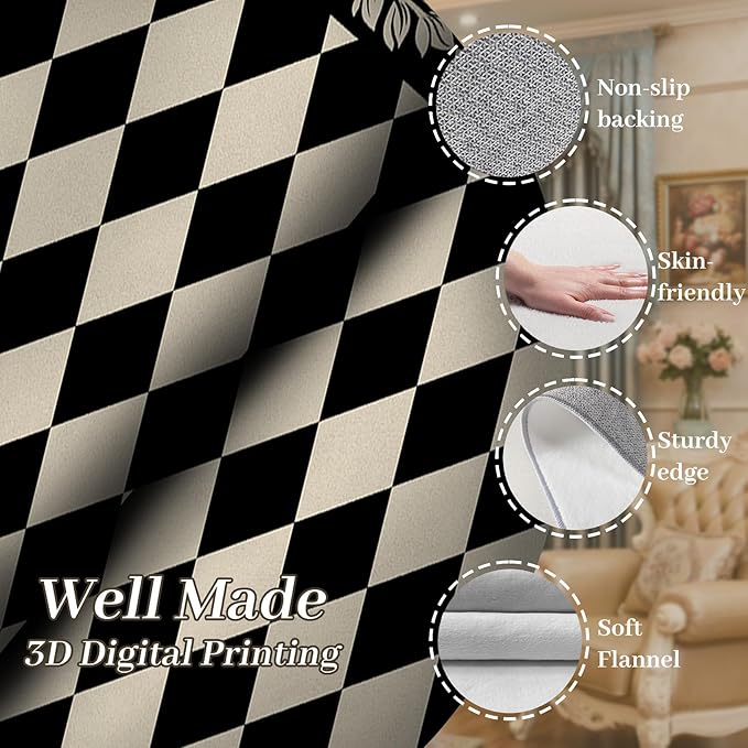Modern Black White Checkered Pattern Runner Rug, 1.3x7ft, Abstract Neutral Farmhouse Decor Rugs for Living Room, Non-Shedding Low Pile Soft Foldable Carpet for Family Kitchen