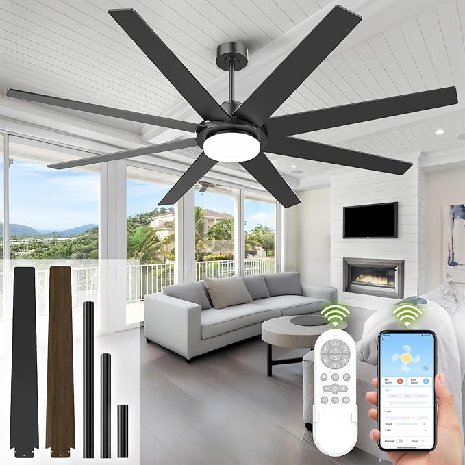 72 Inch Ceiling Fans with Lights and Remote Smart App, Indoor Black LED Big Ceiling Fan Reversible 24dB Quiet DC Motor, 6 Speed 3CCT Dimiable, Modern Ceiling Fans for LivingRoom Farmhouse Garage
