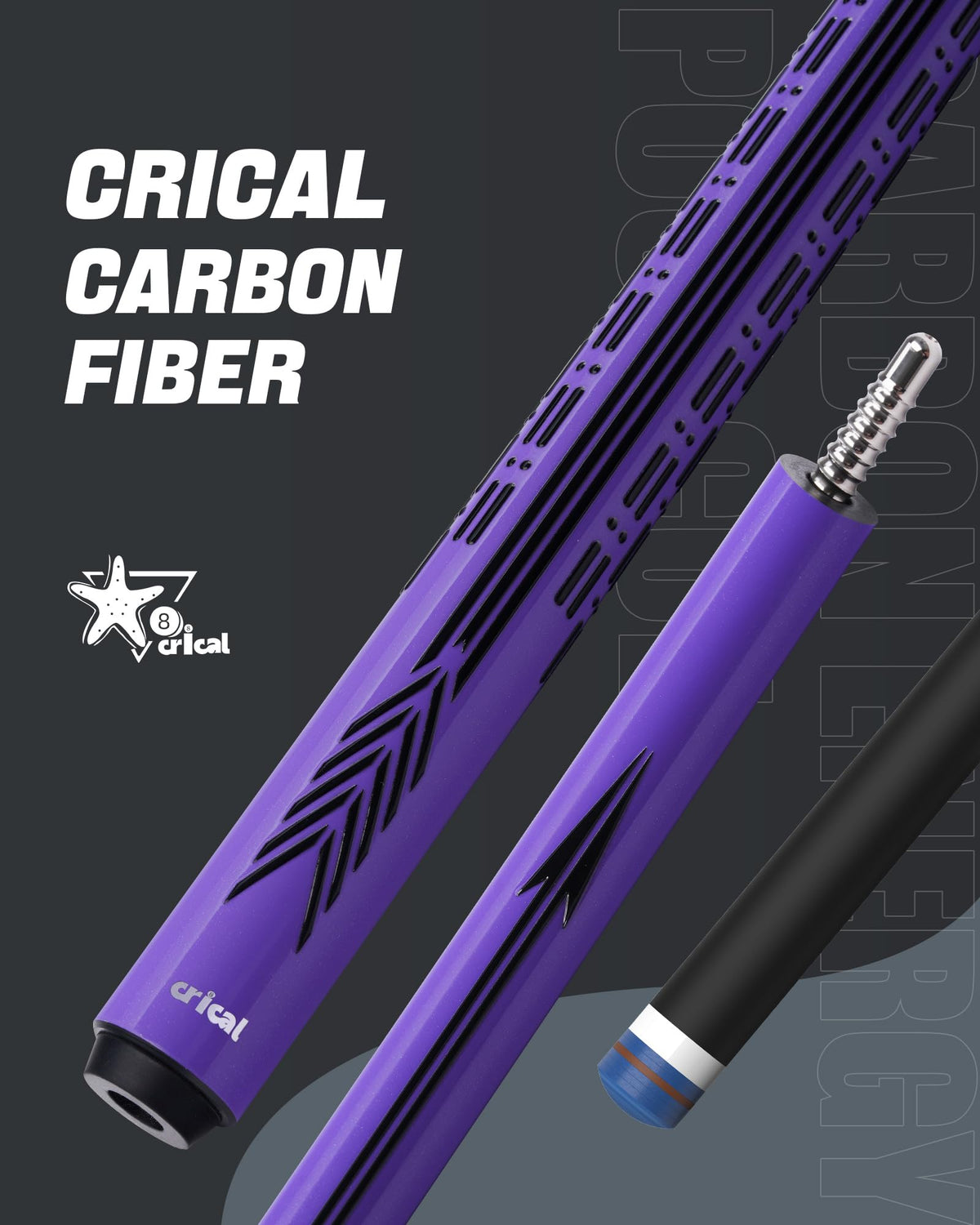 CRICAL Carbon Fiber Pool Cue Stick - 58" Low Deflection Professional Pool Cue with Pro Taper Shaft, 3D Wrapless Grip, 12.5mm Tip & 3/8x8 Joint Billiard Stick for Enhanced Control & Accuracy Purple