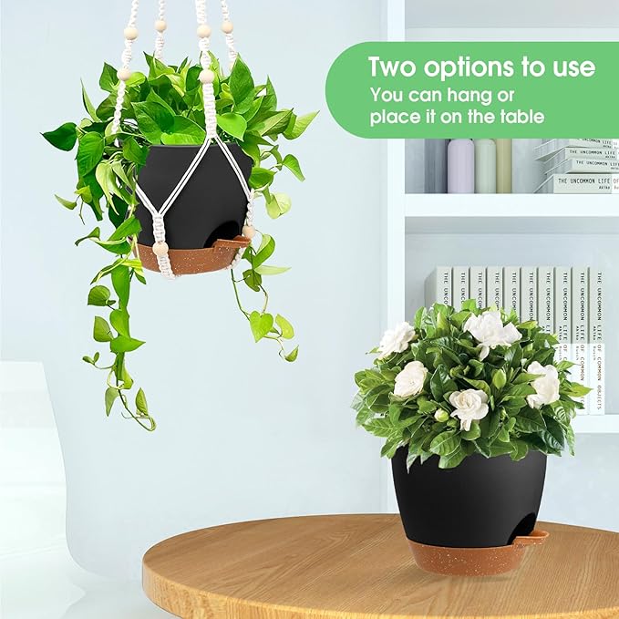 Hanging Planters for Indoor Outdoor Plants, 2 Pack Self Watering Hanging Pots, Hanging Plant Baskets with Drainage Holes & 2 Types of Plant Hangers (Black, 6'')