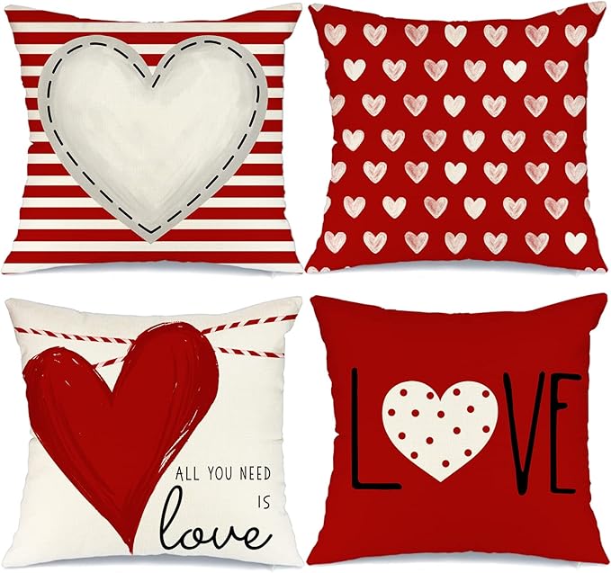 GEEORY Valentines Day Pillow Covers 18X18 inch Set of 4 for Valentines Decor Red White Stripes Dots Love Heart Valentines Day Throw Pillows Decorative Cushion Cases Valentine Decorations