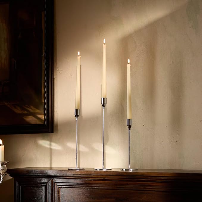 Solid Taper Candle Holders Set of 6, Luxury Silver Long Skinny Candlestick (Heights: 9/11/13 Inch), Heavy Iron Anti-Slip Base for Fireplace Mantle Table Centerpiece Dining Decor