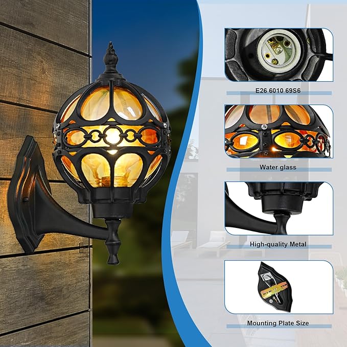 Outdoor Wall Lights, Black Globe Porch Light, Spherical Aluminum Exterior Lighting Fixtures for Patio Yard Doorway Garage, Anti-Rust Waterproof Globe Outside House Lantern Wall Mount, 2 Pack