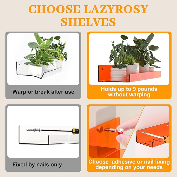 LAZYROSY 2 Pack Floating Shelves– 15'' Orange Acrylic/PET Wall-Mounted No Drill Storage with Adhesive, Bathroom & Bedroom Shelving for Kitchen, Living Room, Home Decor