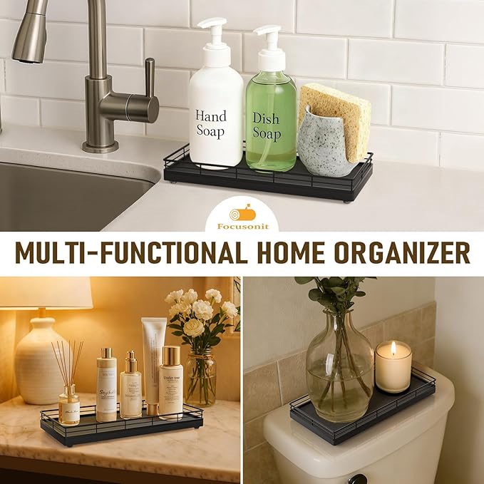 Bathroom Vanity Tray – 12" x 6" Oak Decorative Wooden Tray for Toilet Tank Organizer, Wood Tray for Bathroom Countertop, Soap, Perfume Storage Vanity Dresser Decor for Bathroom Essentials Black