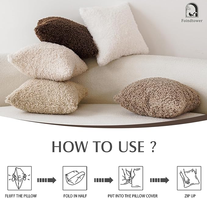 Foindtower 2 Pieces 24x24 Inch Khaki, Faux Fur Throw Pillow Cover Accent Sherpa Pillow Fuzzy Soft Pillowcases Sheepskin Decorative Fleece Cushion Case for Bed Couch Living Room