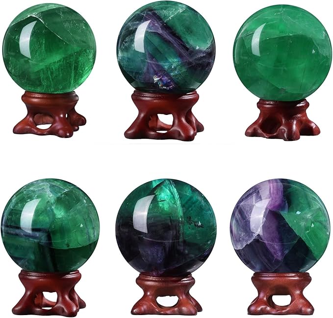 Sportmusies Natural Fluorite Stone Ball with Resin Base, Polished Fluorite Sphere Figurine Desk Home Reiki Healing Decoration, 1.61-1.96 inches