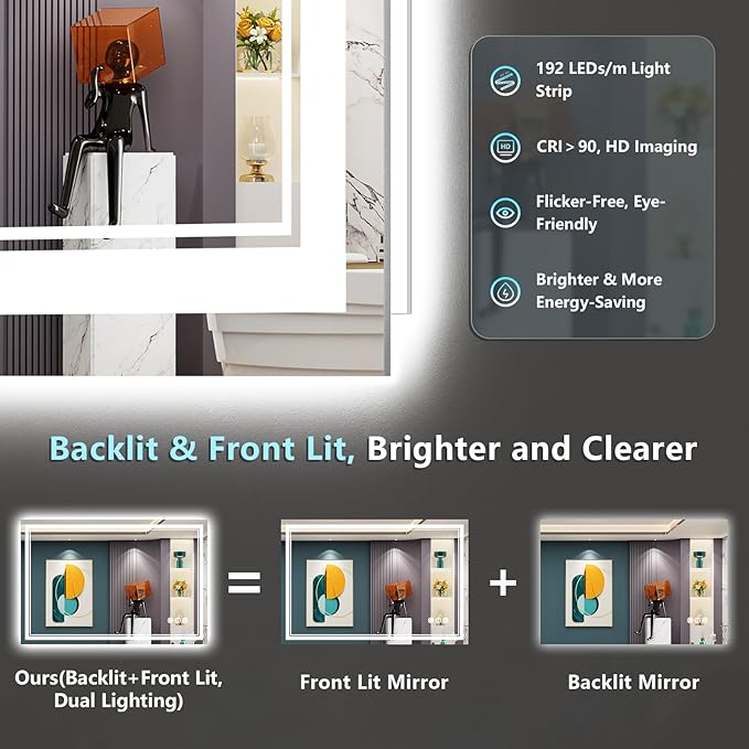 48x32 LED Bathroom Mirror with Lights, Backlit & Front Lit, Anti-Fog Frameless Lighted Vanity Mirrors for Bathroom Wall, Dimmable, 3-Color Light, Memory, Shatter-Proof, Tempered Glass, CRI＞90