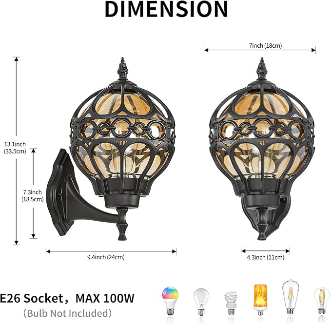 Outdoor Wall Lights, Black Globe Porch Light, Spherical Aluminum Exterior Lighting Fixtures for Patio Yard Doorway Garage, Anti-Rust Waterproof Globe Outside House Lantern Wall Mount with Amber Glass