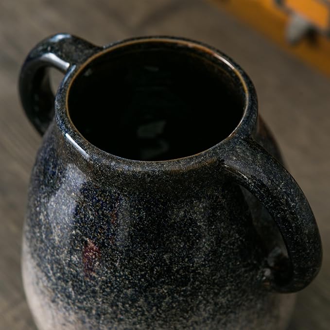 Blue Gradient Ceramic Vase with 2 Handles, Modern Farmhouse Decor, Rustic Terracotta Pottery, Decorative Clay Flower Vase, Centerpiece for Dining Table - 7 Inch