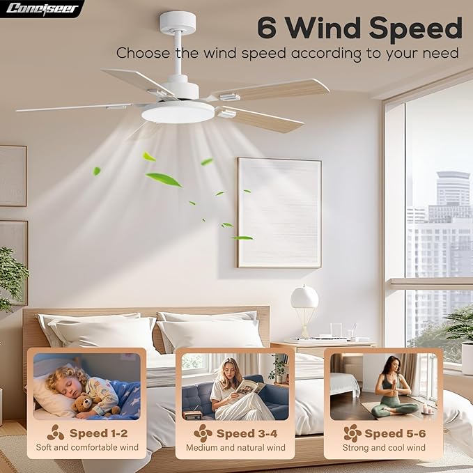 52 Inch Ceiling Fans with Lights and Remote for Bedroom Living Room Kitchen Office, Indoor/Outdoor Use, 5CCT Dimmable, 5 Blades, 6 Speed Reversible Quiet DC Motor, White/Wood Grain