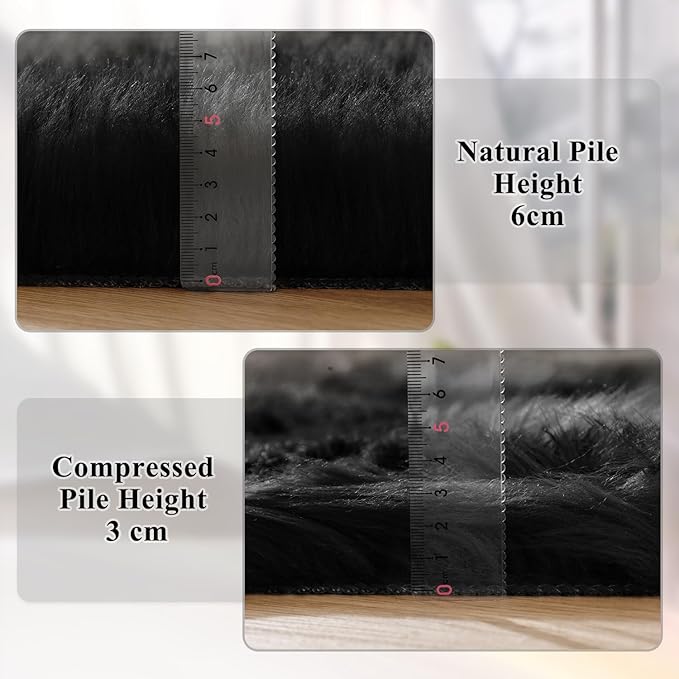 Black Shag Washable Furry Fur Area Rugs for Bedroom Faux Sheepskin Fuzzy Fur Nursery Rug Runners 2x6 Cute Room Décor