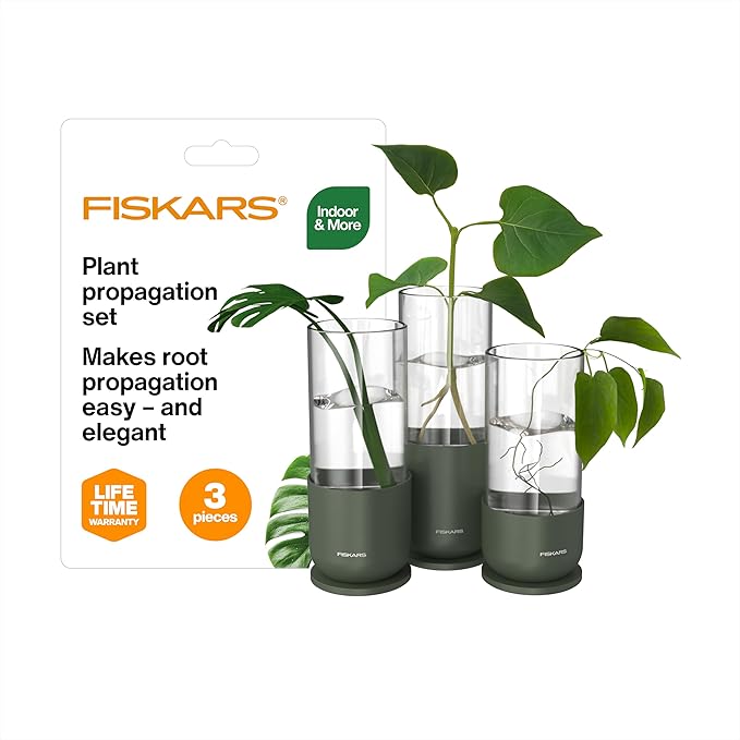 Fiskars Plant Propagation Set, 3 Pieces – Decorative Glass Propagation Vases with Metal Bases for Rooting Plant Cuttings and Hydroponic Displays