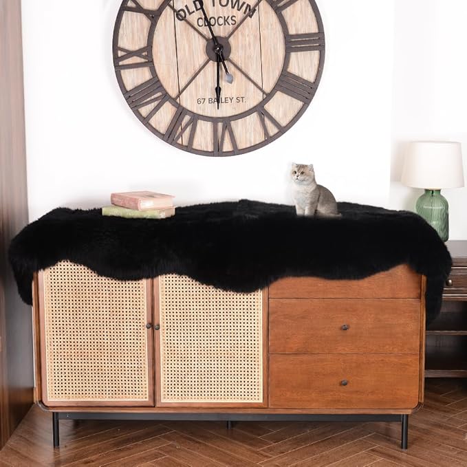 Premium Genuine Fur Sheepskin Rug Real Australia Sheepskin Natural Luxury Fluffy Lambskin Fur Area Rug Seat Covers for Kids Bedroom Sofa Chair Cover (Black, Double Pelt/2ft x 6ft)